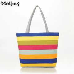 Striped Rainbow Canvas Shopper Bag Tote Women Girls Shoulder Handbag