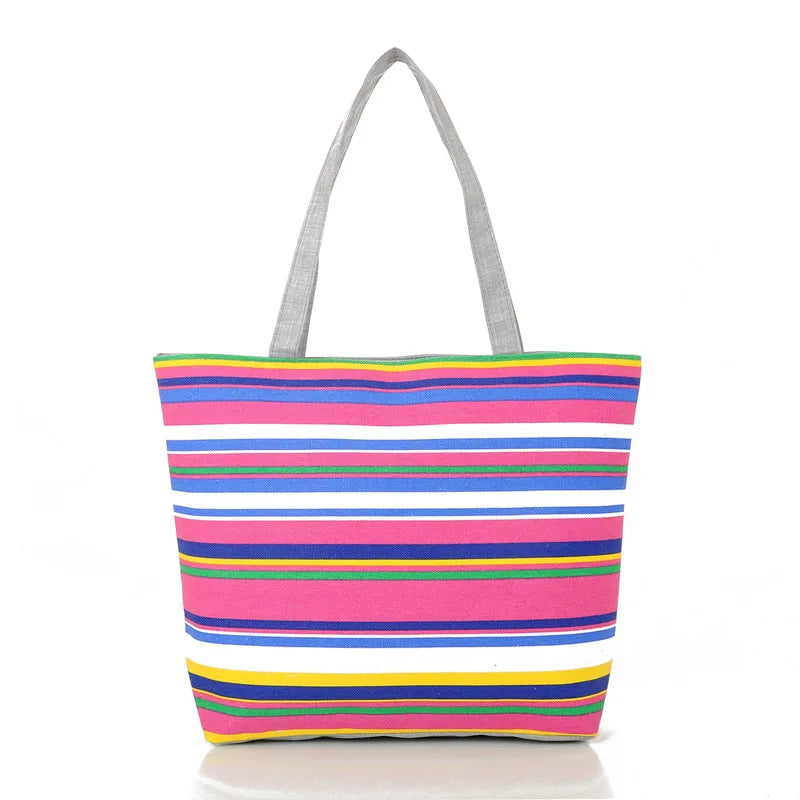 Striped Rainbow Canvas Shopper Bag Tote Women Girls Shoulder Handbag