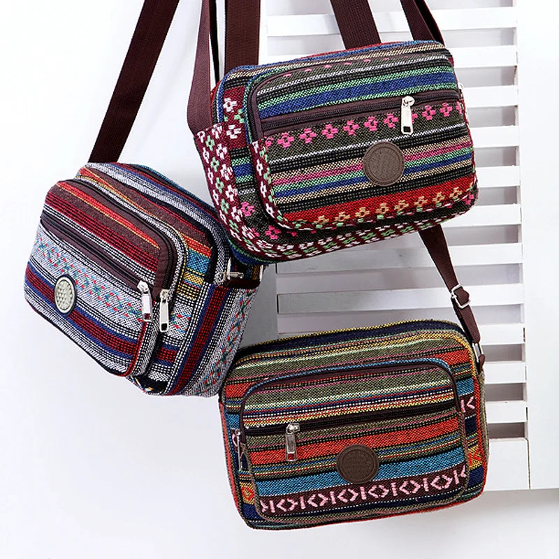 Women Striped Canvas Messenger Bag, Crossbody Shoulder Bag