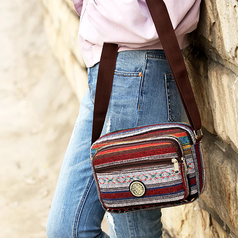 Women Striped Canvas Messenger Bag, Crossbody Shoulder Bag