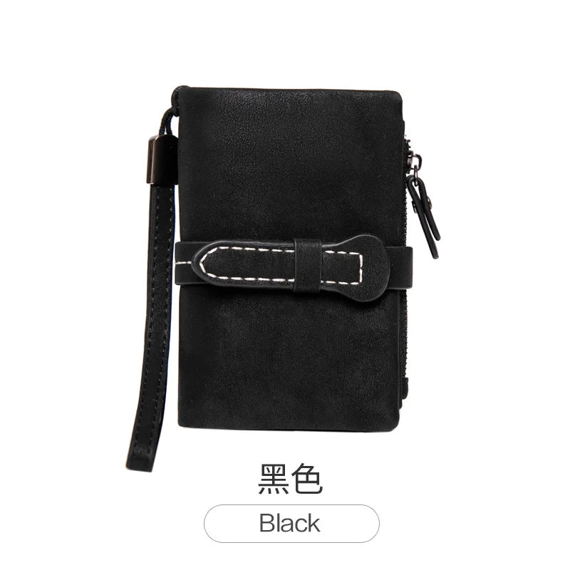Short Purse Drawstring Nubuck Leather Wallet with Wrist strap