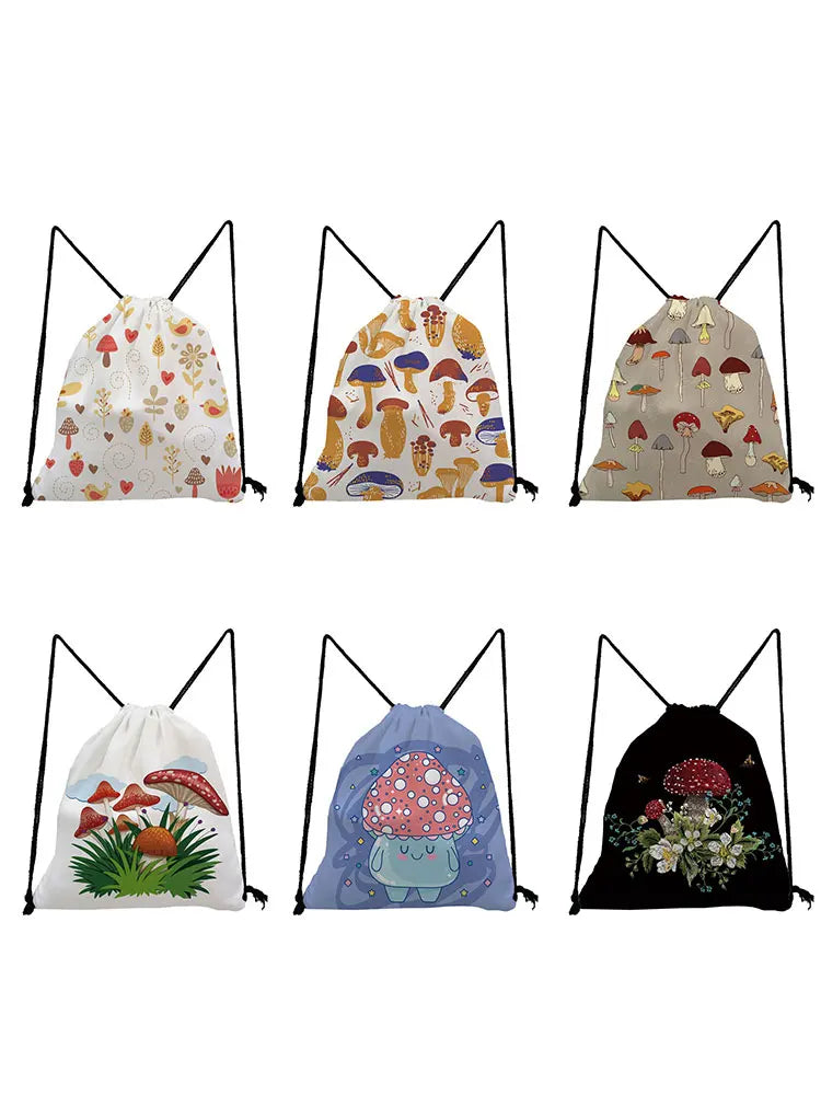 Mushroom Print Drawstring Bag Mini Backpack Teenager Bookbag