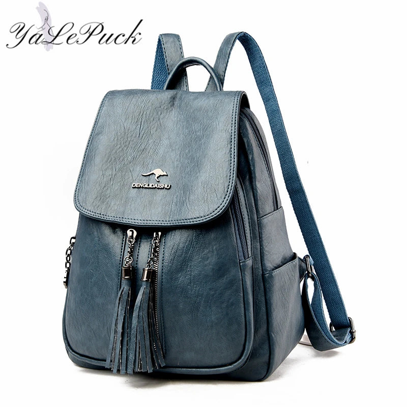 Double Tassels Women Leather Backpacks High Female Backpack Casual Daily Bag