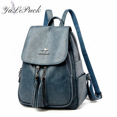 Double Tassels Women Leather Backpacks High Female Backpack Casual Daily Bag