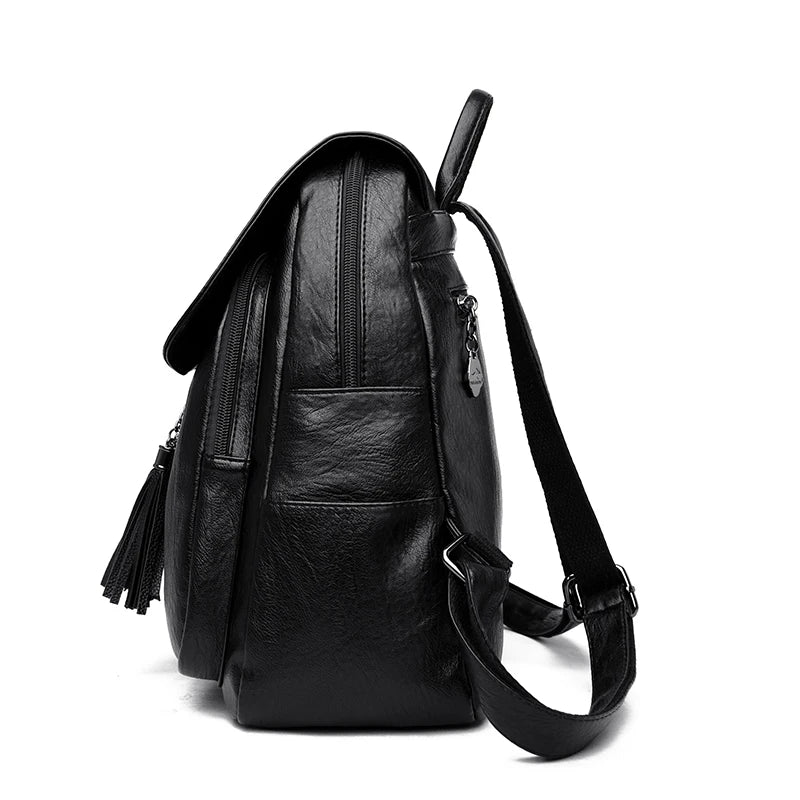 Double Tassels Women Leather Backpacks High Female Backpack Casual Daily Bag