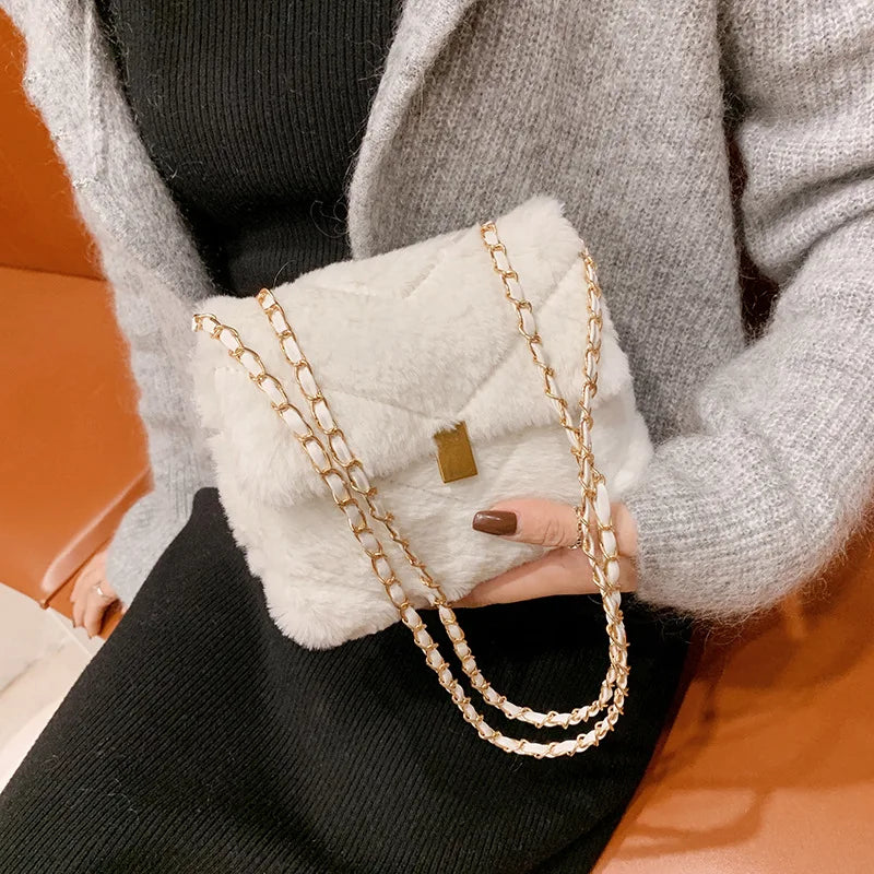 Winter Plush Shoulder Bags for Women Solid Crossbody Bag Warm Small Flap