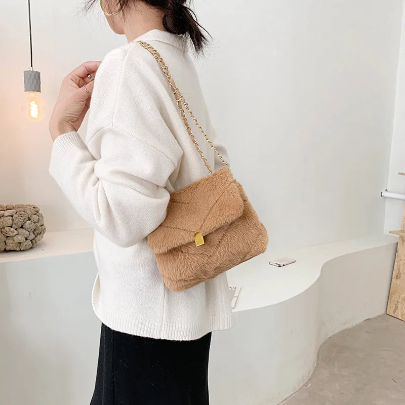 Winter Plush Shoulder Bags for Women Solid Crossbody Bag Warm Small Flap
