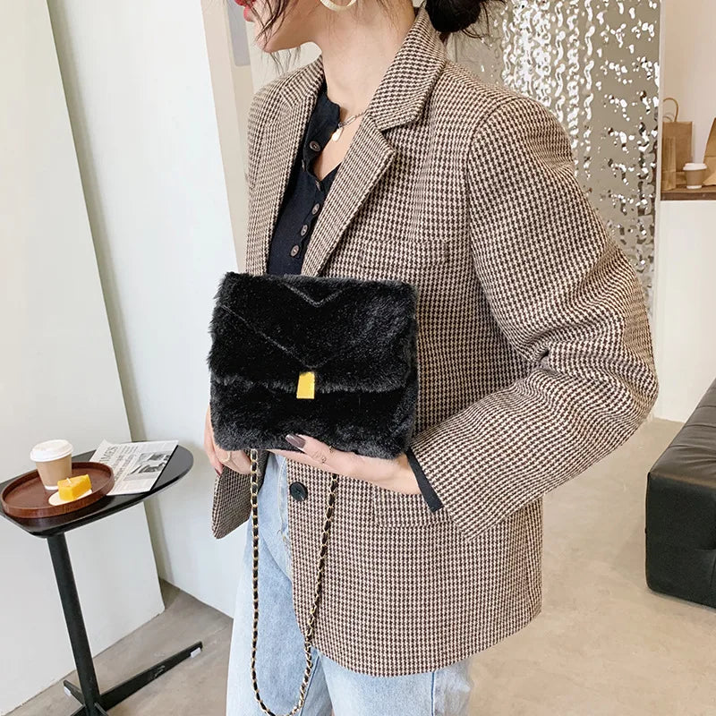 Winter Plush Shoulder Bags for Women Solid Crossbody Bag Warm Small Flap
