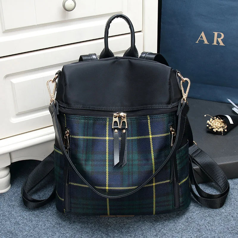 Women Plaid Nylon Travel Laptop Backpack School Bag