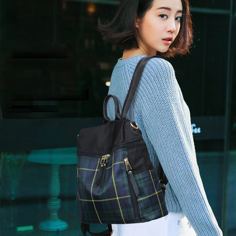 Women Plaid Nylon Travel Laptop Backpack School Bag