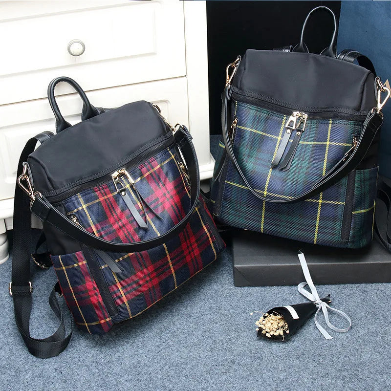 Women Plaid Nylon Travel Laptop Backpack School Bag