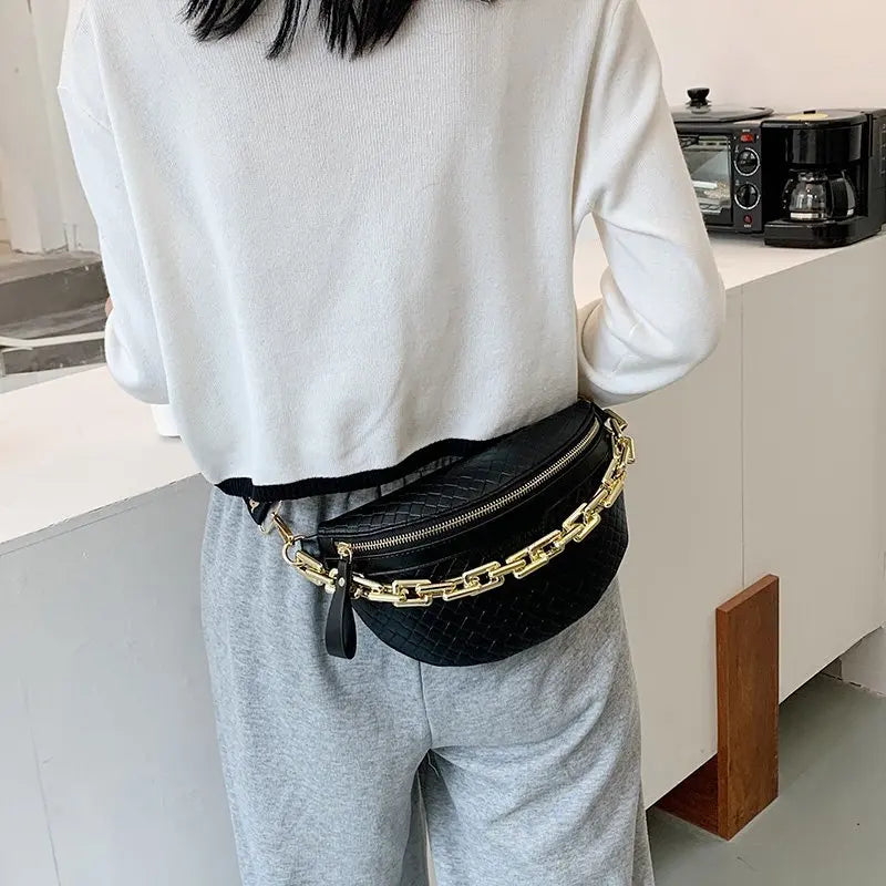 Plaid Leather Waist Bag Women Fanny Pack Chain Shoulder Crossbody Chest Bags
