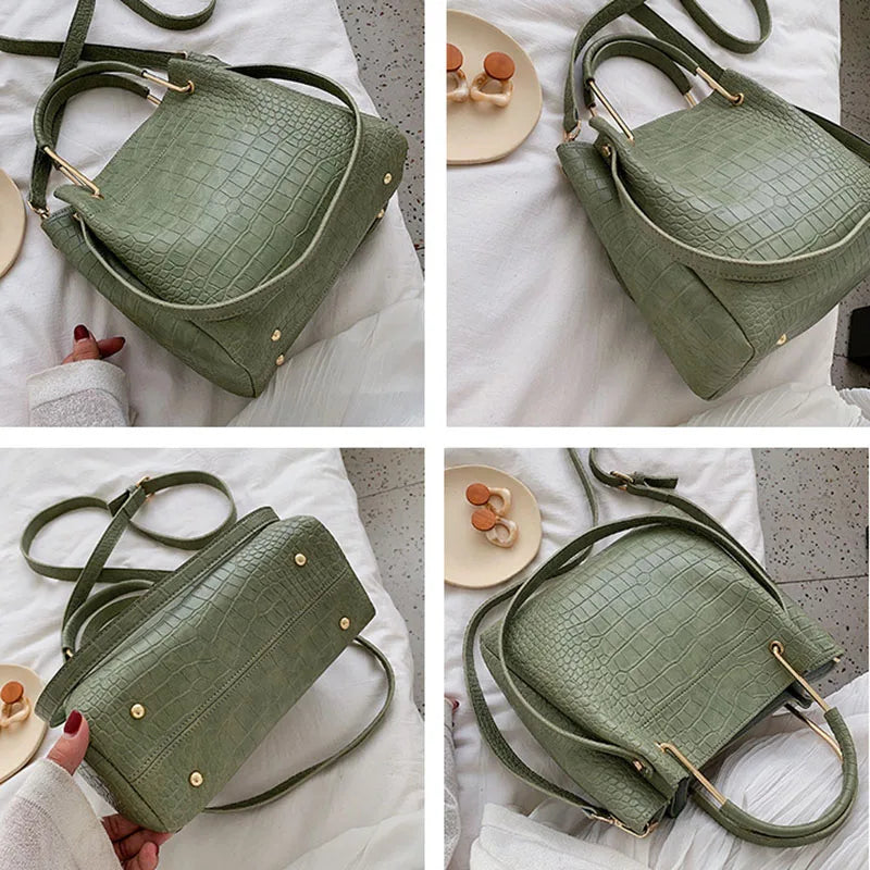 Stone Pattern PU Leather Bucket Bags Small Shoulder Messenger Bag