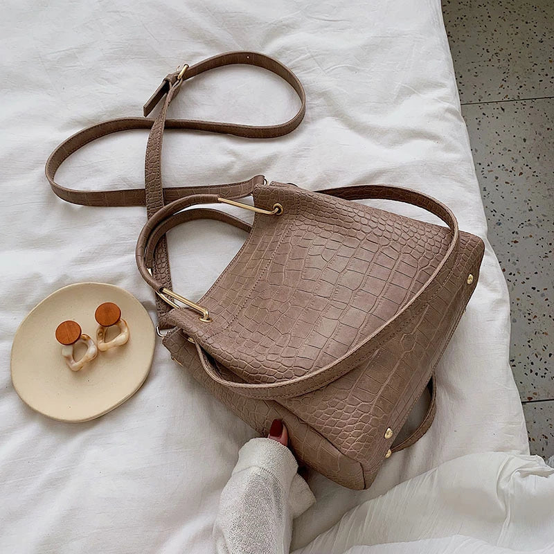 Stone Pattern PU Leather Bucket Bags Small Shoulder Messenger Bag