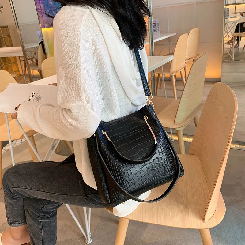 Stone Pattern PU Leather Bucket Bags Small Shoulder Messenger Bag