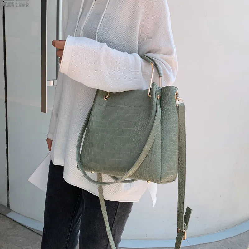 Stone Pattern PU Leather Bucket Bags Small Shoulder Messenger Bag
