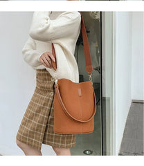 Matte Leather Bucket Bag Wide Strap Crossbody Bag for Women