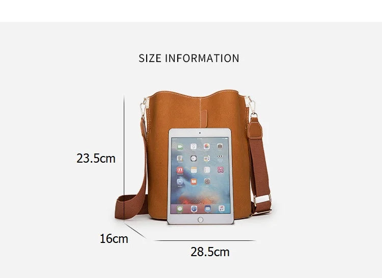 Matte Leather Bucket Bag Wide Strap Crossbody Bag for Women