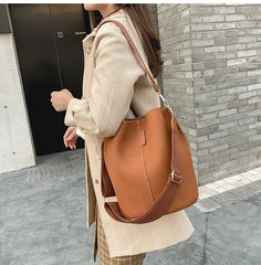 Matte Leather Bucket Bag Wide Strap Crossbody Bag for Women