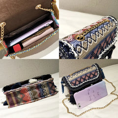 National Style Tassel Woven Small Women Shoulder Bag with Chain