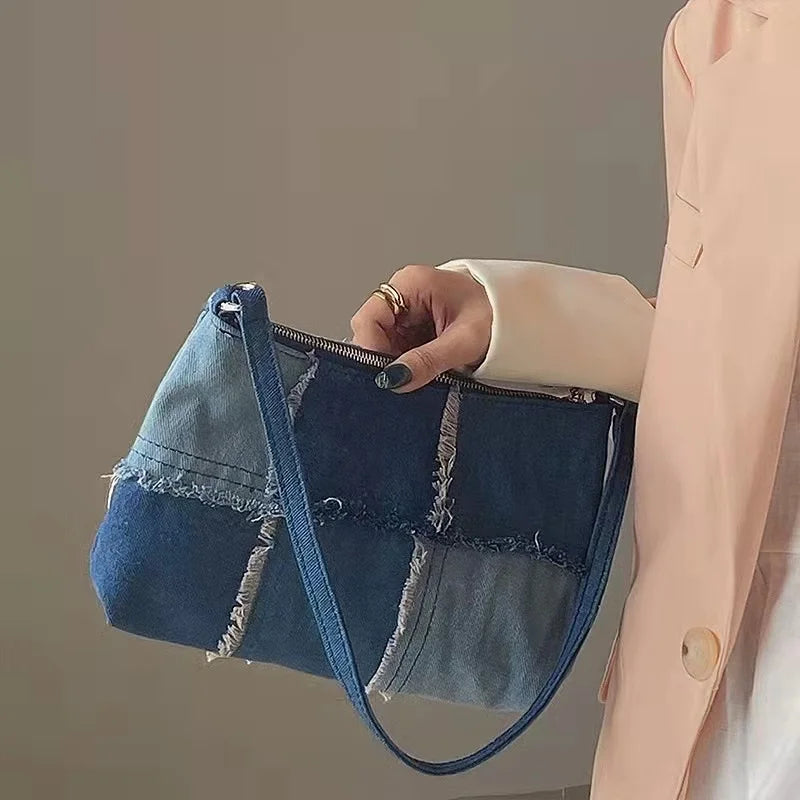 Women's Denim Patchwork Shoulder Bag Retro Handbag Totes Cell Phone Bags