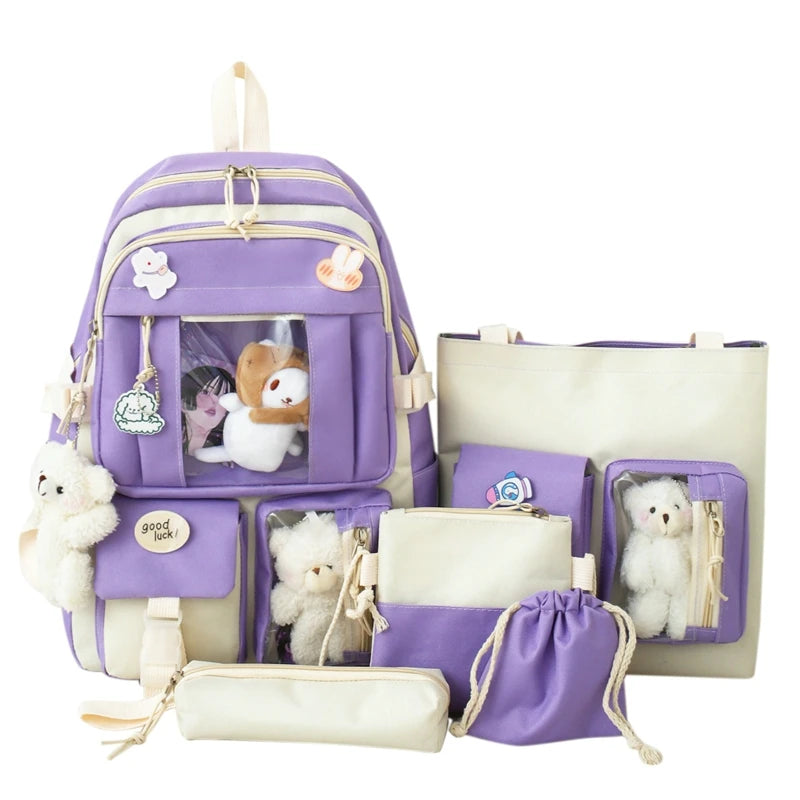 5Pcs Canvas Backpacks School Bags for Teenage Girls Bookbags Students