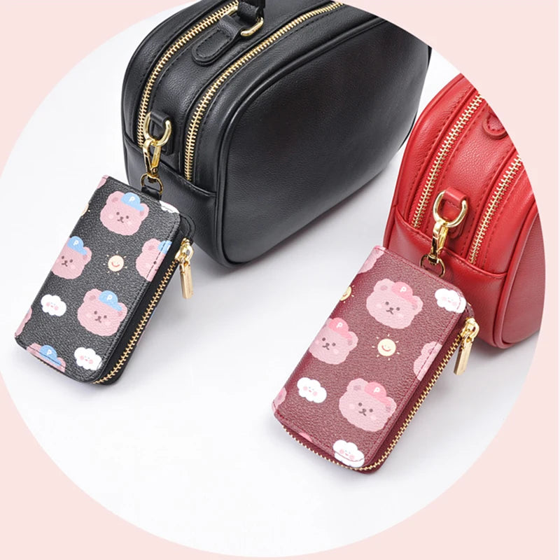 Bear Print Women Key Holder Wallet Chain PU Leather Organizer Case