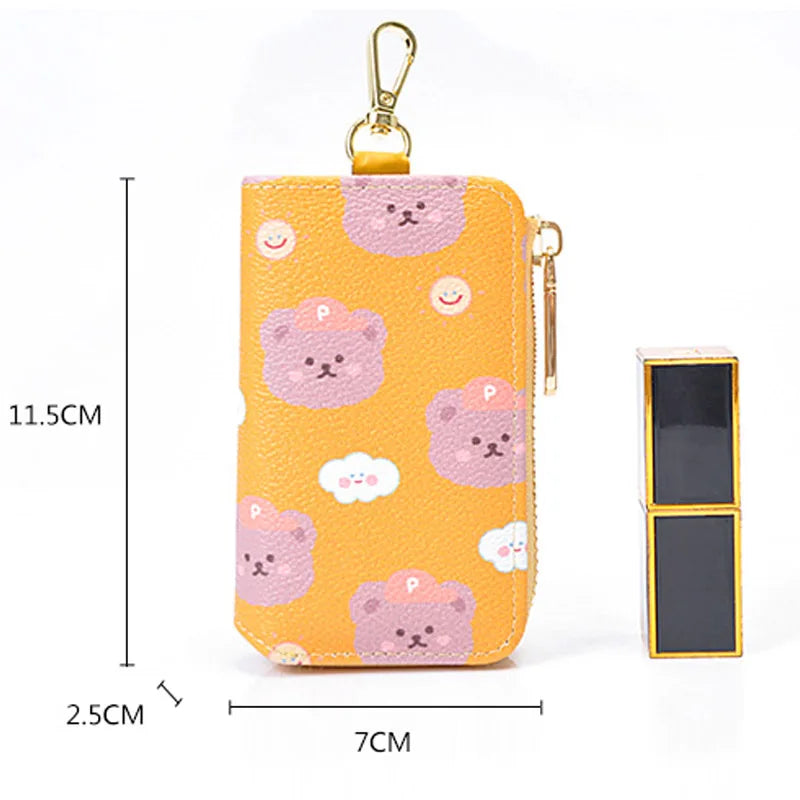 Bear Print Key Holder Wallet Chain Zipper PU Leather Cover