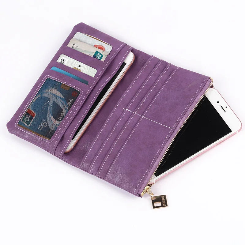 Long Purse Two Fold Wallet Nubuck PU Leather Zipper Suede Ladies Clutch Bag