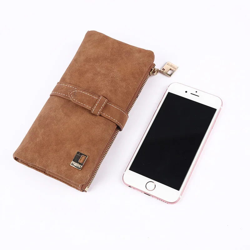 Long Purse Two Fold Wallet Nubuck PU Leather Zipper Suede Ladies Clutch Bag