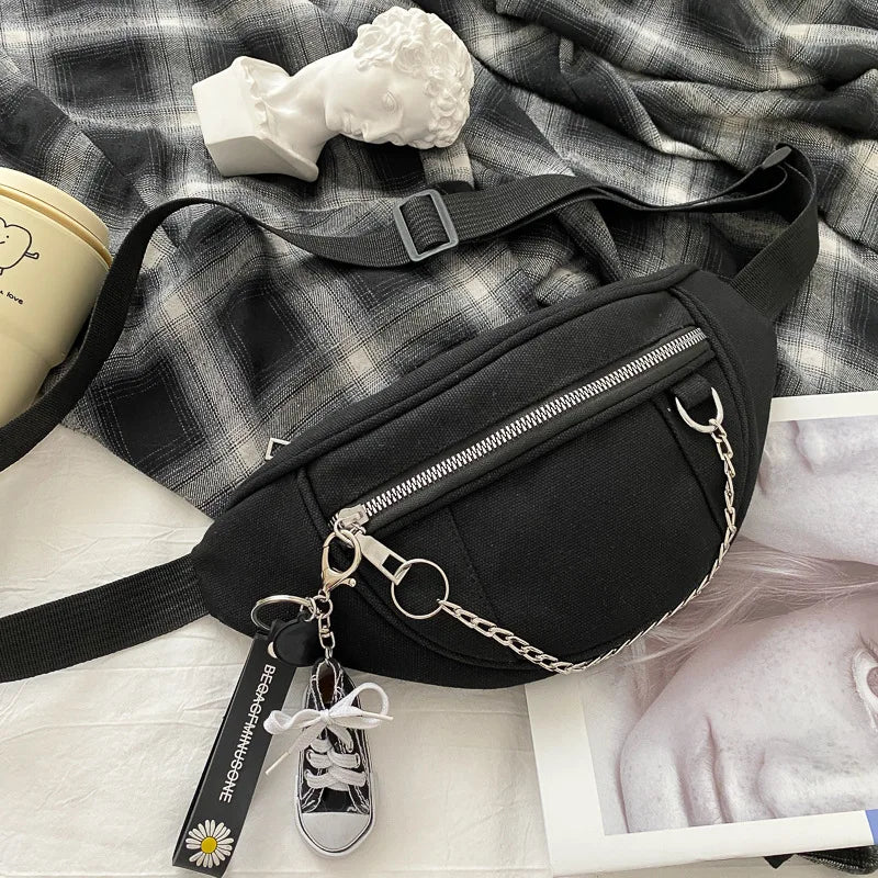 Canvas Chain Fanny Waist Bag Zipper Chest Bag Sport Travel Girl Waist Belt Bags