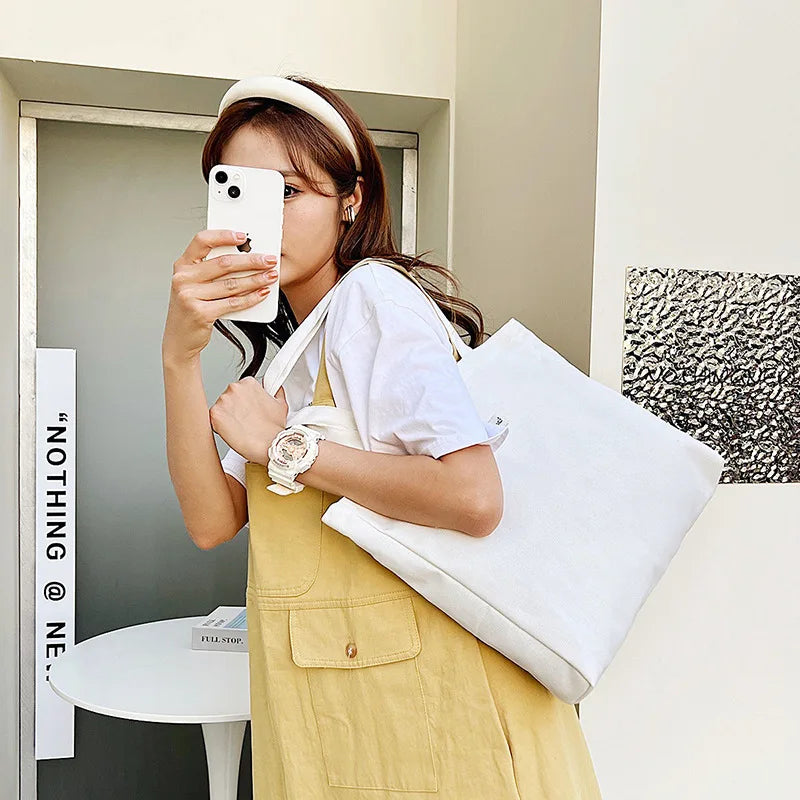 Canvas Shoulder Bag Large Capacity Totes Solid Handbag Reusable Shopping Bags