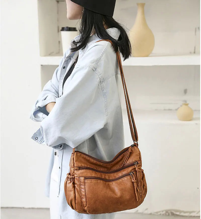 Soft Leather Shoulder Bag Multi-pocket Crossbody Handbag