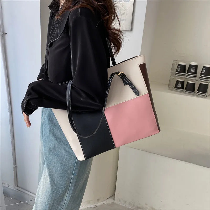 Large-capacity Color-Block Tote Bag for Women