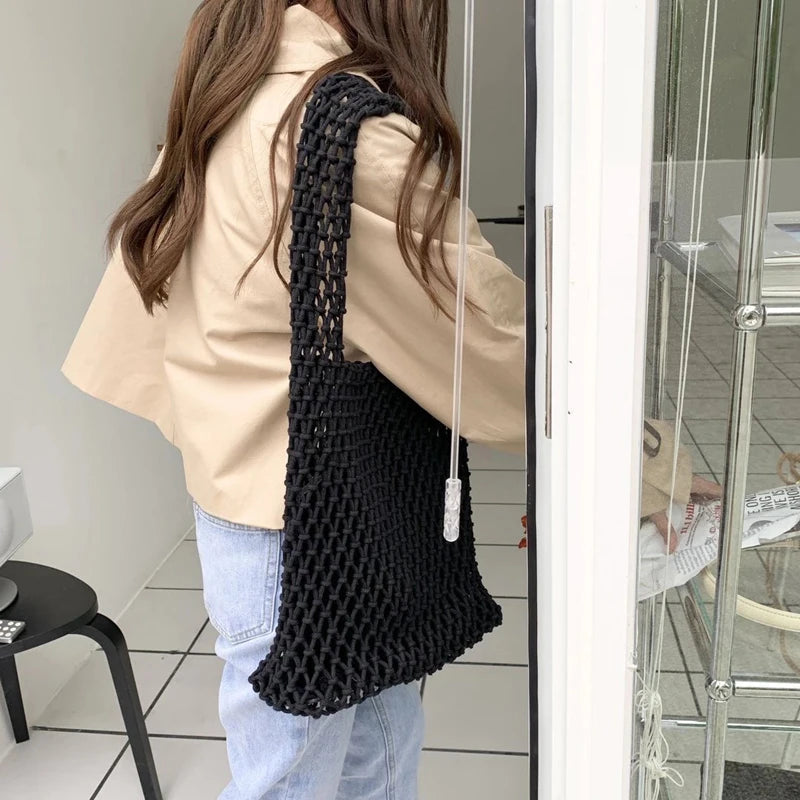 Cotton Thread Knit Women Handbags Hollow Out Net Tote Bag