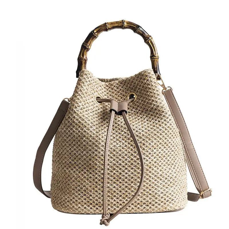 Drawstring Straw Bucket Bag Women's Woven Shoulder Beach Handbag
