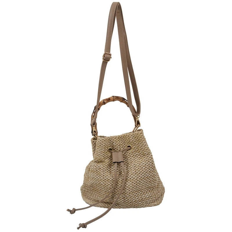 Drawstring Straw Bucket Bag Women's Woven Shoulder Beach Handbag