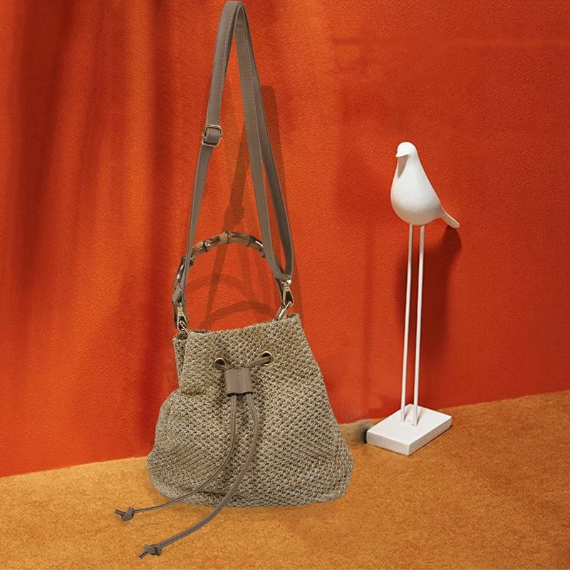 Drawstring Straw Bucket Bag Women's Woven Shoulder Beach Handbag