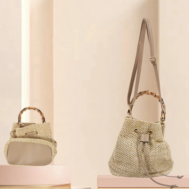 Drawstring Straw Bucket Bag Women's Woven Shoulder Beach Handbag