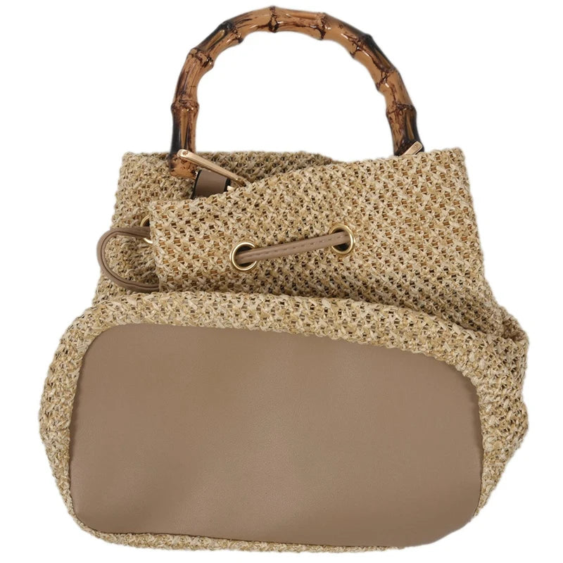 Drawstring Straw Bucket Bag Women's Woven Shoulder Beach Handbag