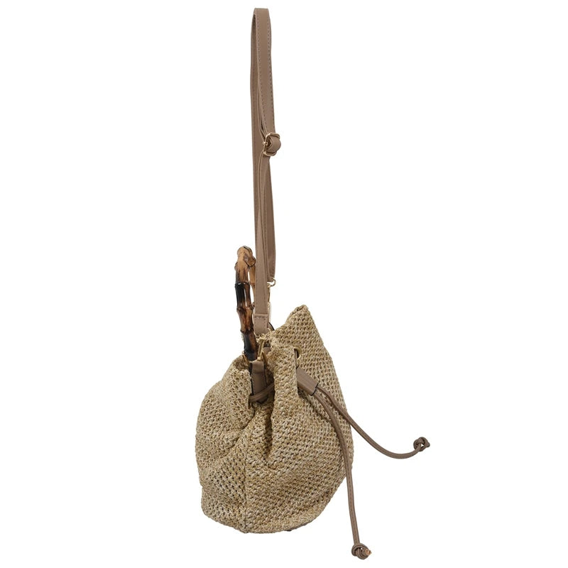 Drawstring Straw Bucket Bag Women's Woven Shoulder Beach Handbag