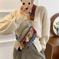 Ethnic Style Lady Saddle Bag Retro Tassel Small Bag Wide Shoulder Strap Chest Ba