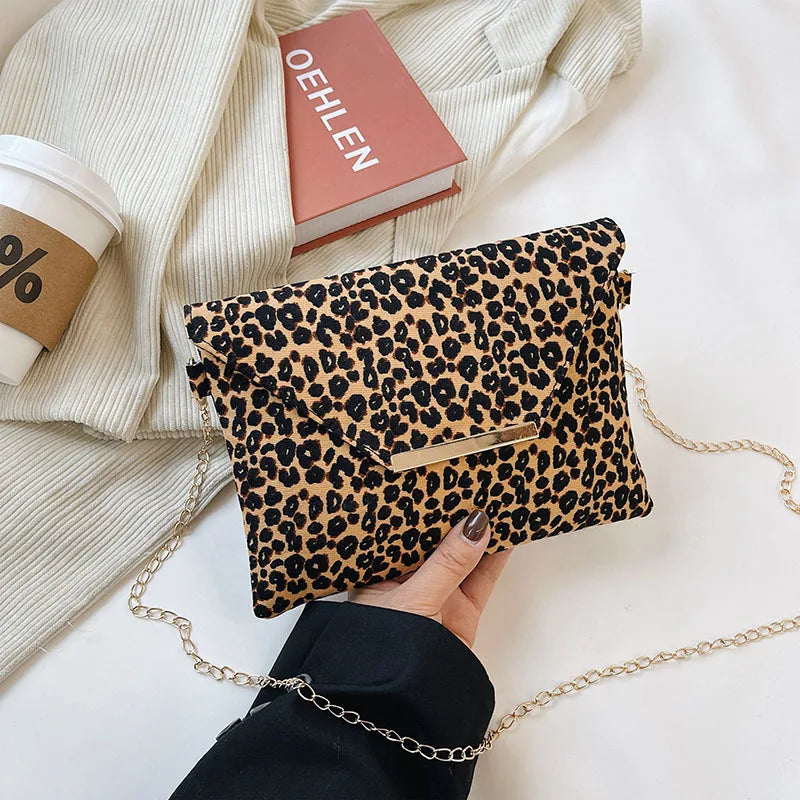 Leopard Brown Leather Clutch Bag with Tassels for Women