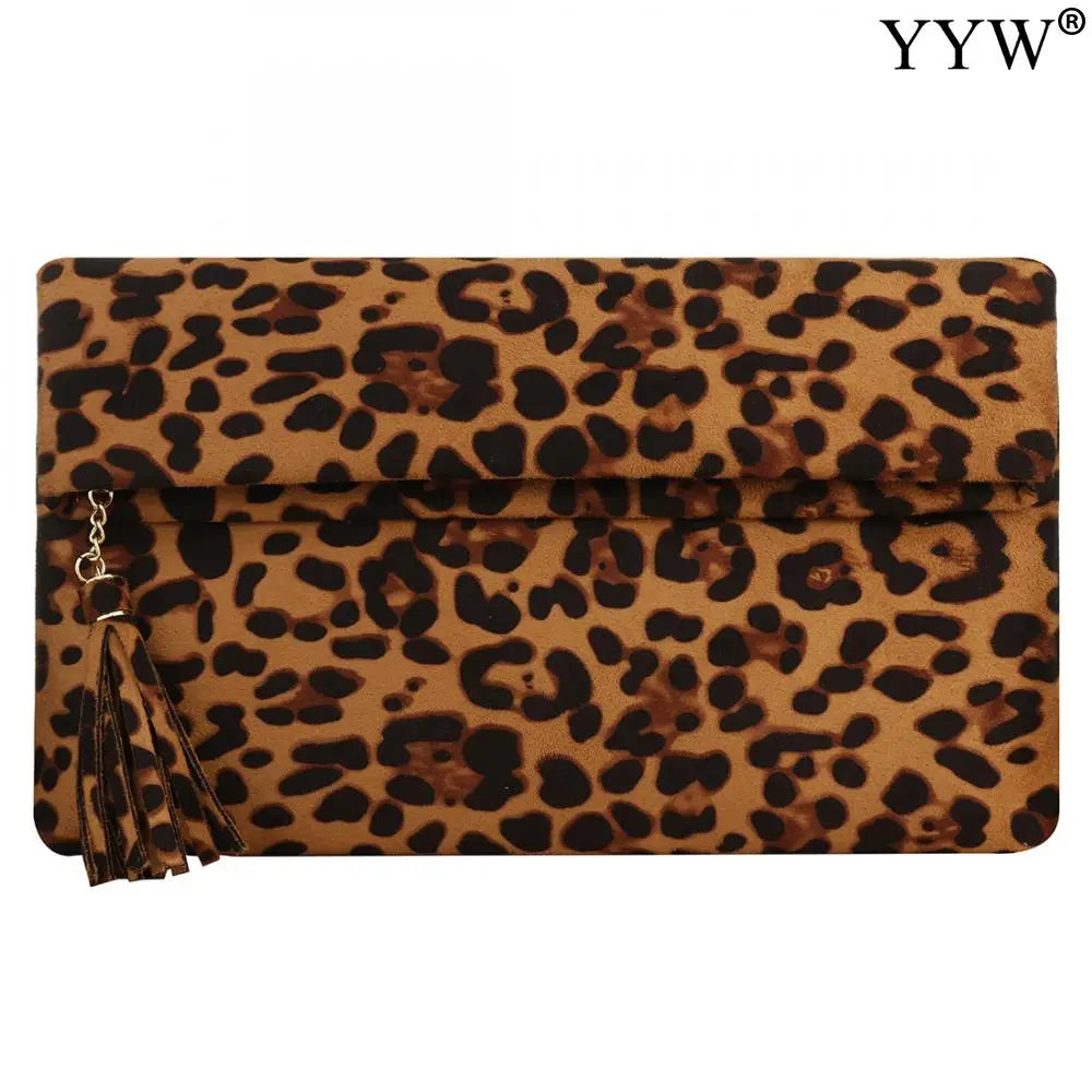 Leopard Brown Leather Clutch Bag with Tassels for Women