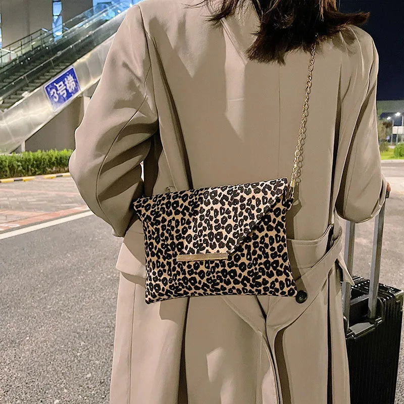Leopard Brown Leather Clutch Bag with Tassels for Women