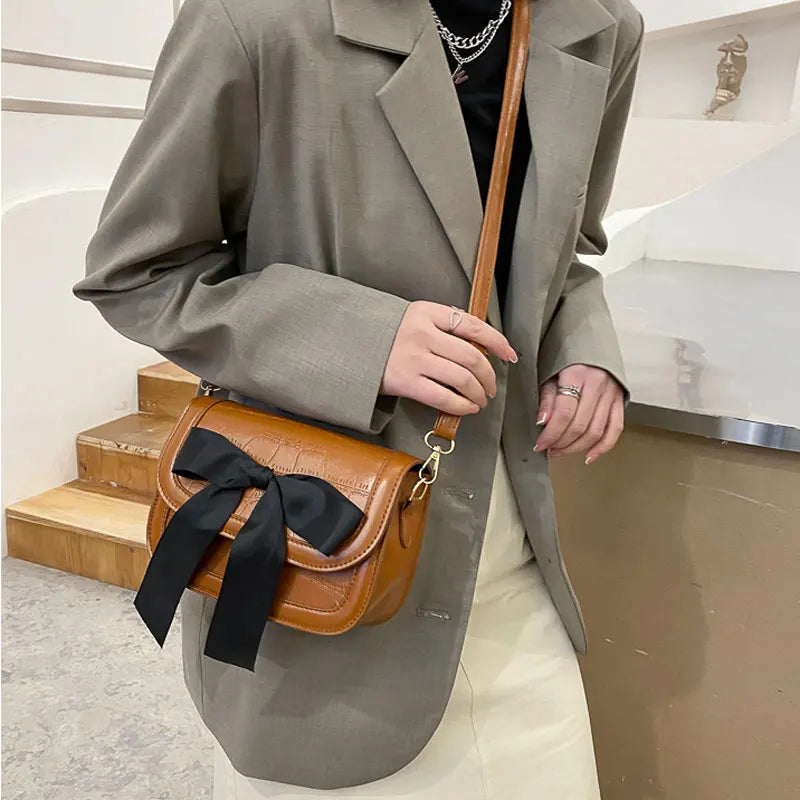Fashion Bowknot Handbag Pu Leather Shoulder Bag Stone Prints Crossbody Purse