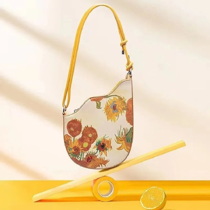 Women Bag Wave Saddle Bag Oil Painting Series Sunflower Splicing Armpit