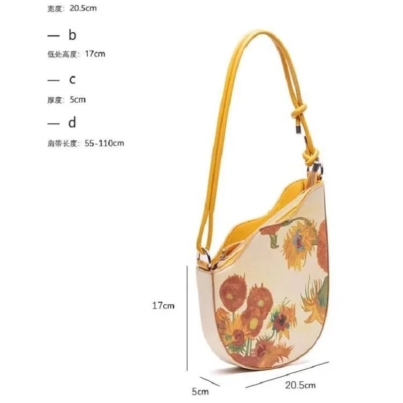 Women Bag Wave Saddle Bag Oil Painting Series Sunflower Splicing Armpit