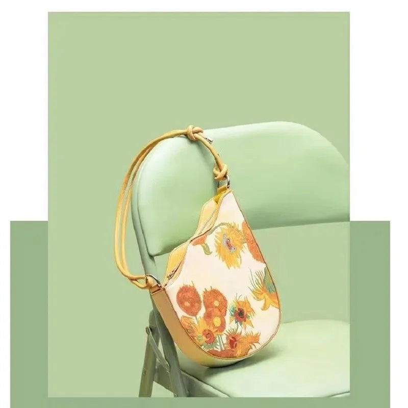 Women Bag Wave Saddle Bag Oil Painting Series Sunflower Splicing Armpit