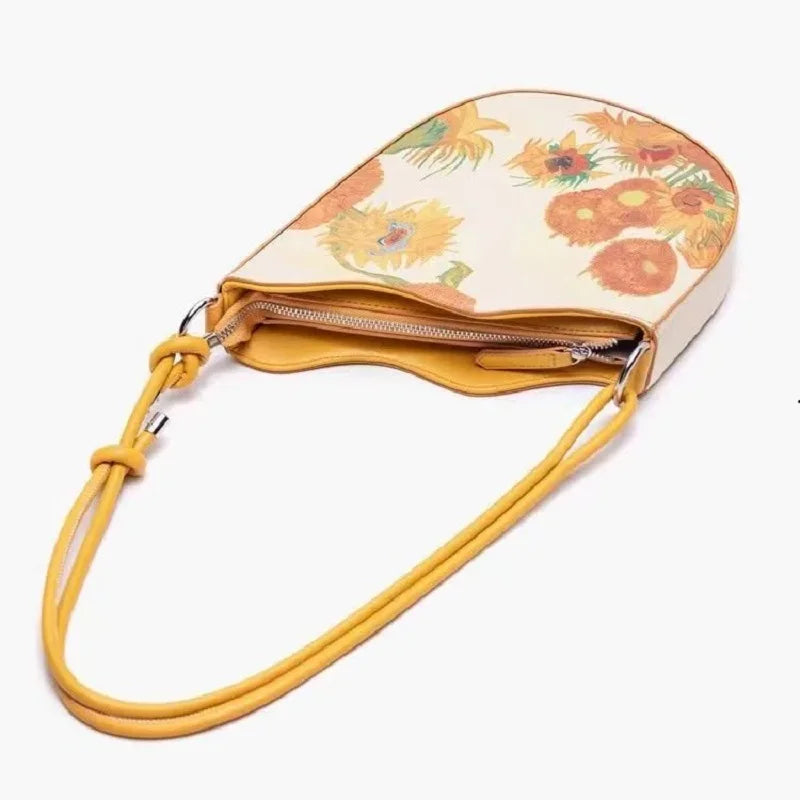 Women Bag Wave Saddle Bag Oil Painting Series Sunflower Splicing Armpit